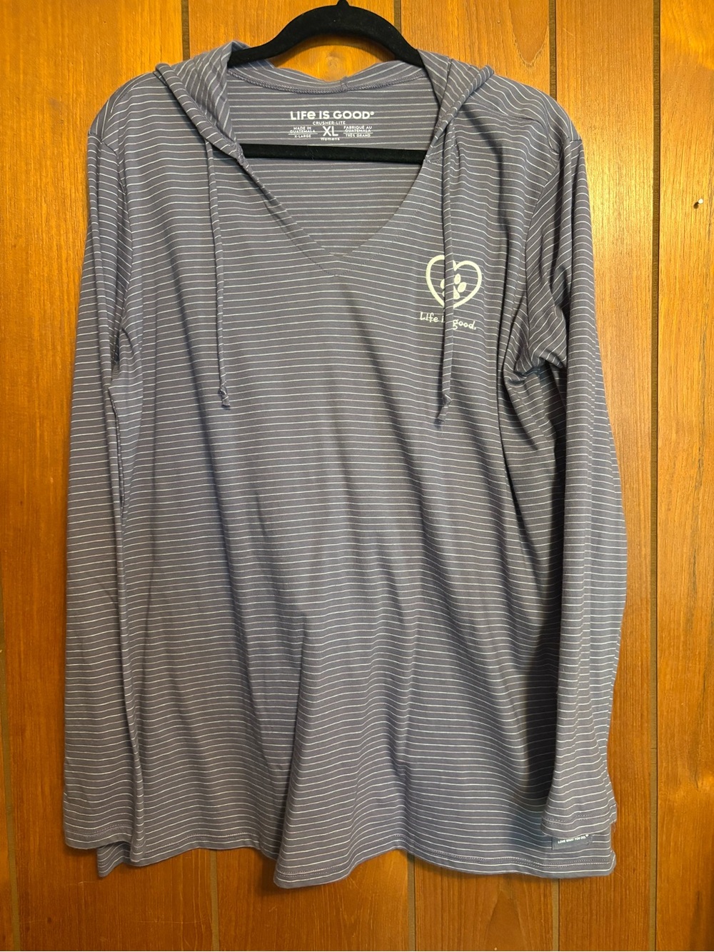 Life is Good Women's Striped Hooded Long Sleeve Tee - purple grey pet lover